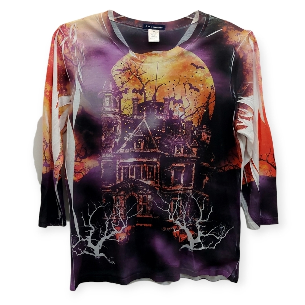 SML SPORT Women's Size Medium Top Blouse Halloween Theme Shirt Haunted House
